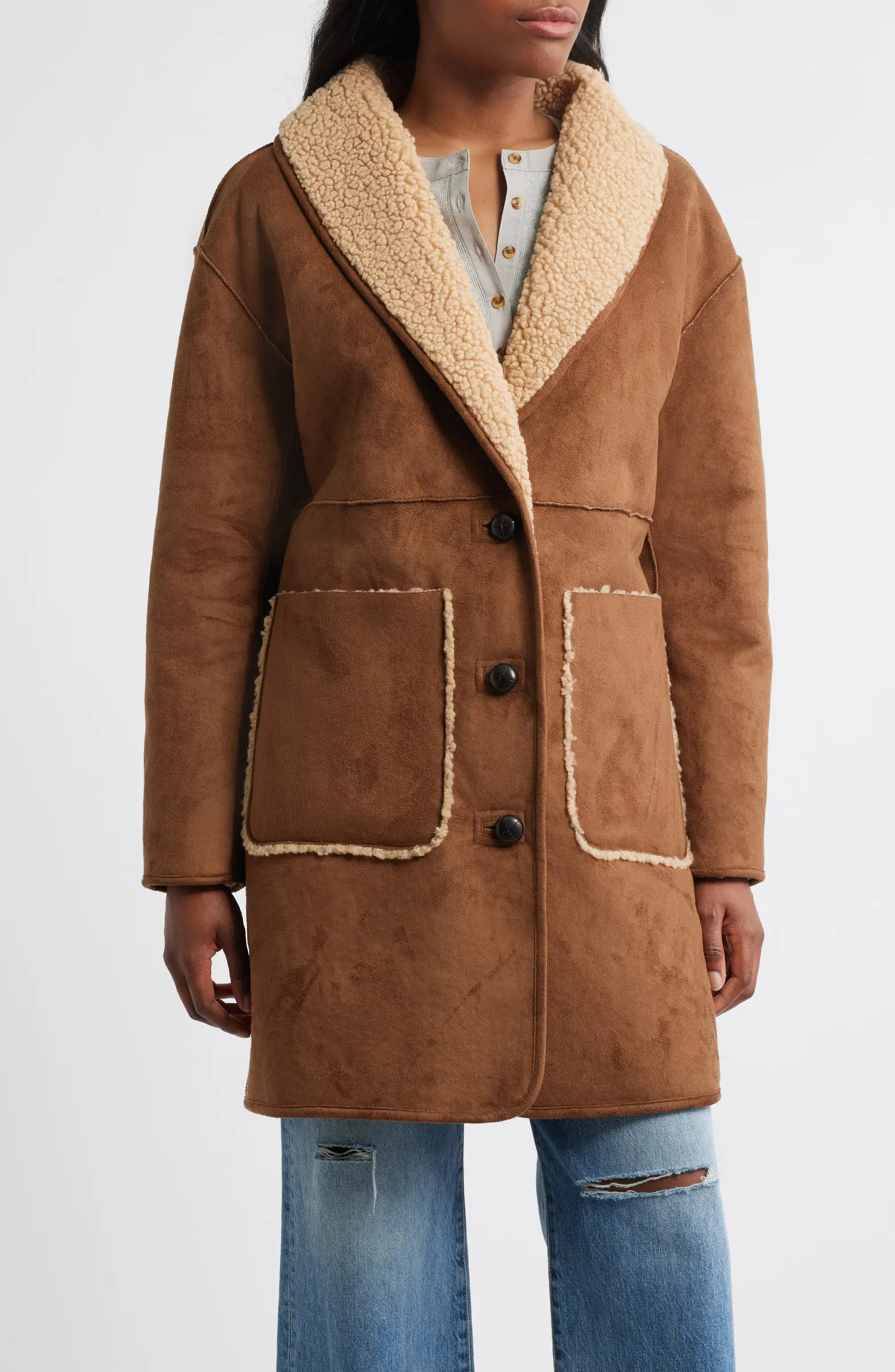 Lucky Brand Shawl Collar Faux Shearling Coat | Nordstrom | Nordstrom