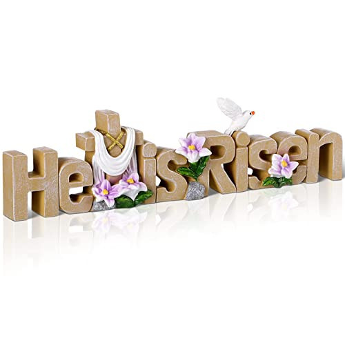 Maitys He is Risen Table Top Decoration Christian Resin Sign Cross Dove Flowers Easter Table Decor Centerpieces Decorations for Home Dining Room Spring(Natural) | Amazon (US)