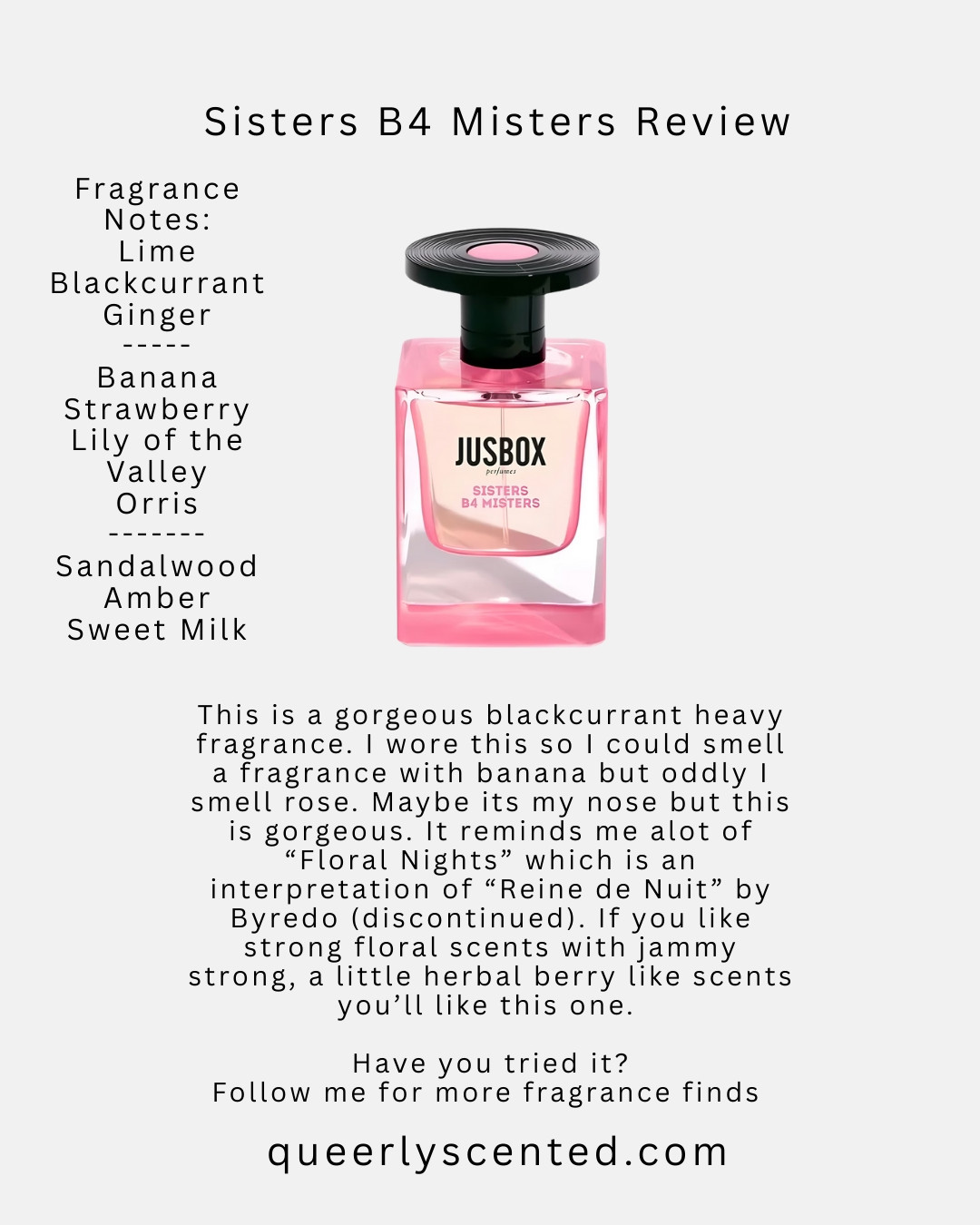 #paidlink SHOP this item on my website in bio 
This is a gorgeous blackcurrant heavy  fragrance. I wore this so I could smell a fragrance with banana but oddly I smell rose. Maybe its my nose but this is gorgeous. It reminds me a lot of “Floral Nights” which is an interpretation of “Reine de Nuit” by Byredo (discontinued). If you like strong floral scents with jammy strong, a little herbal berry like scents you’ll like this one.  

 #LTKselfcare #LTKvlog #LTKBeauty