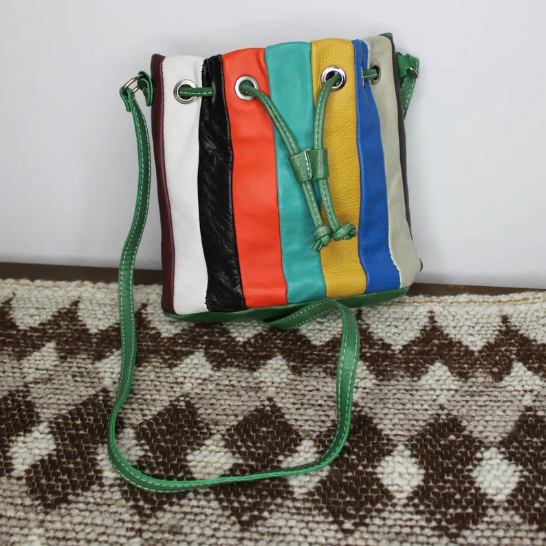 Vintage leather colour blocked stripe mini bucket bag, made in Italy | Etsy (US)