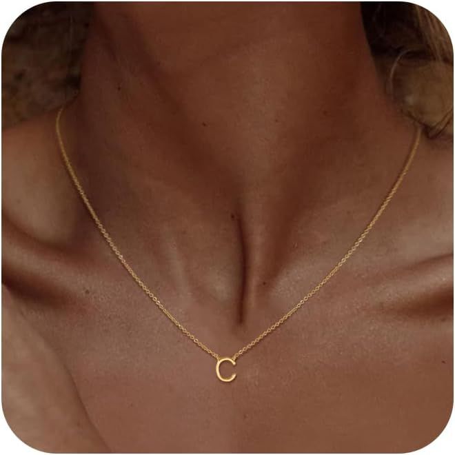 Initial necklace for Women 14k Gold Plated Dainty Letter Necklaces Tiny Cute Initial Pendant Chok... | Amazon (US)