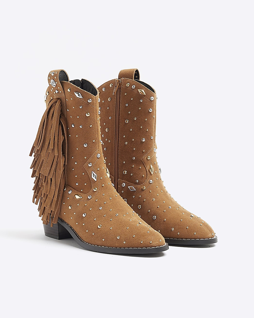 Brown Suede Fringe Embellished Western Boots | River Island (UK & IE)