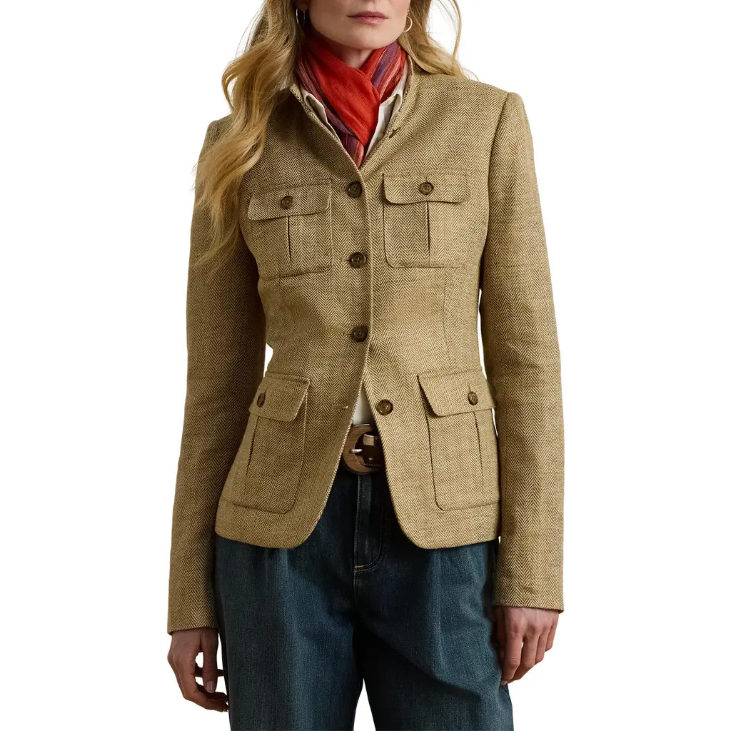 Lauren Ralph Lauren Herringbone Tweed Linen Jacket in Light Brown/Tan at Nordstrom, Size 14 | Nordstrom