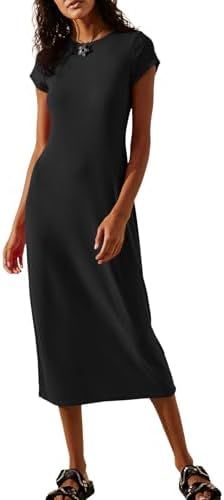 Wenrine Women's Short Sleeve T-Shirt Dress Summer Crew Neck Stretchy Basic Solid Casual Midi Dres... | Amazon (US)