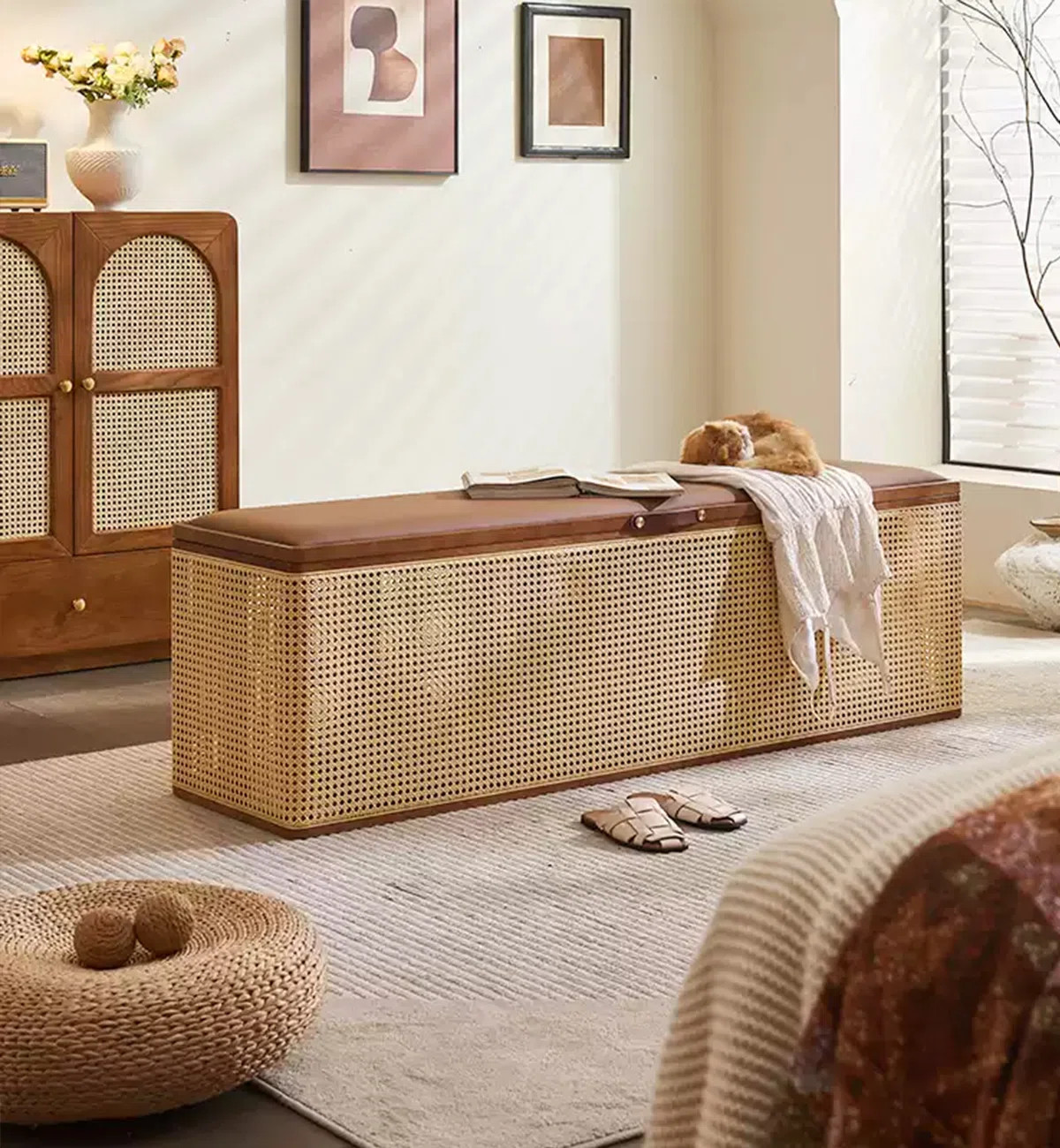 Bohemian Faux Rattan Solid Wood Shoe Storage Bench | Wayfair North America