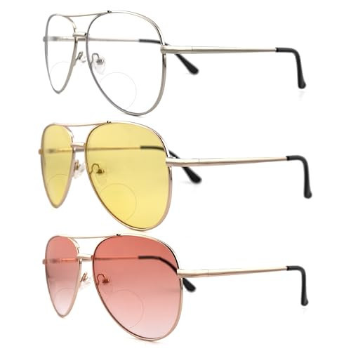 SOPHILY 3 Pack Bifocal Reading Sunglasses for Women Men, Aviator Sun Readers Glasses Mirrored Shades UV400 Gradient Pink Night Yellow Clear, +2.0 | Amazon (US)