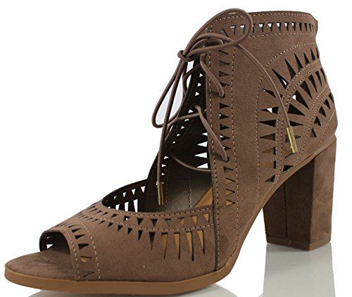 Delicious Women's Yorker Faux Suede Cutout Lace Up Open Toe Stacked Heel, Dk Taupe, 85 M US | Amazon (US)