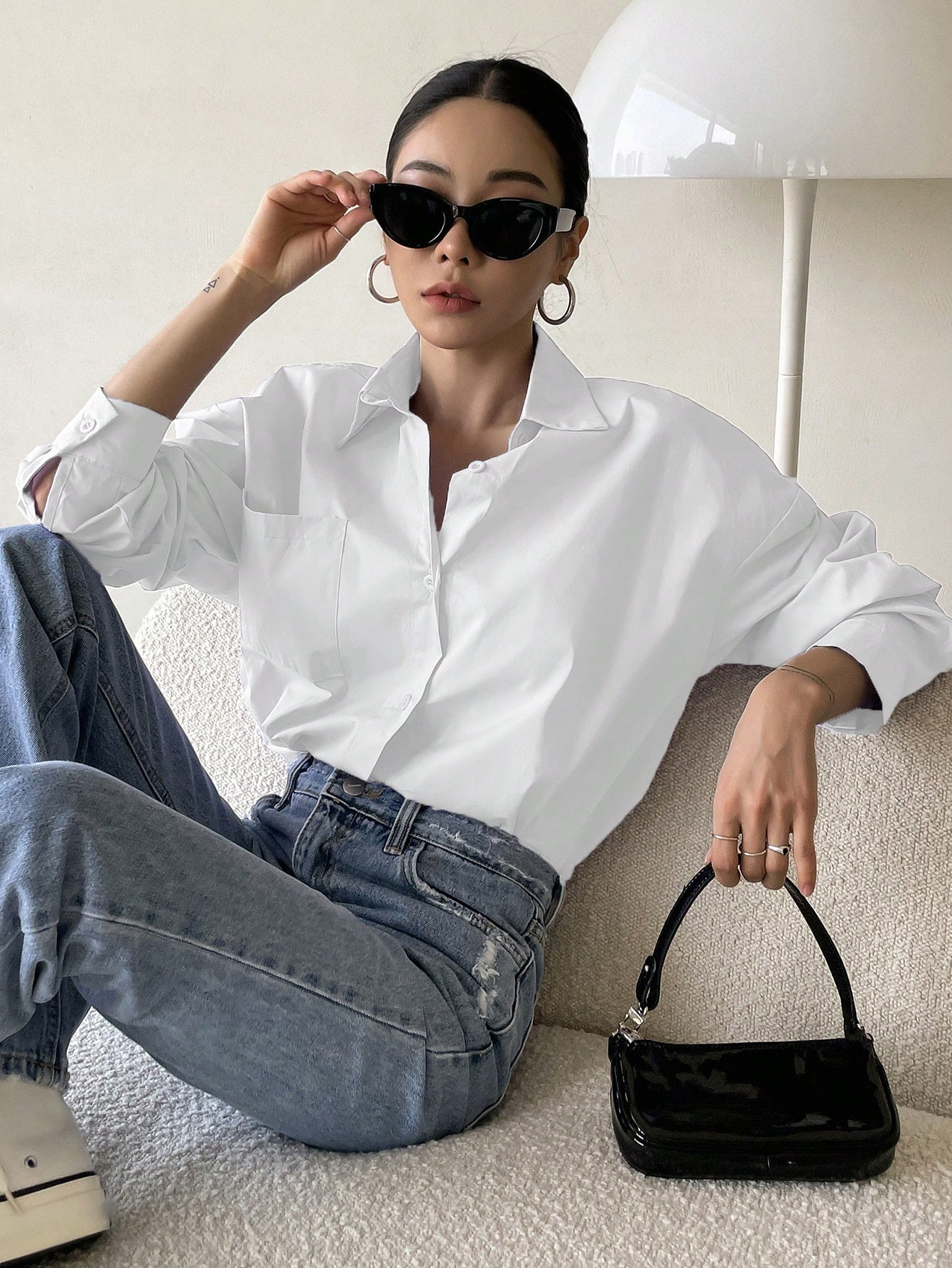 DAZY Button Through Pocket Front Drop Shoulder Shirt | SHEIN