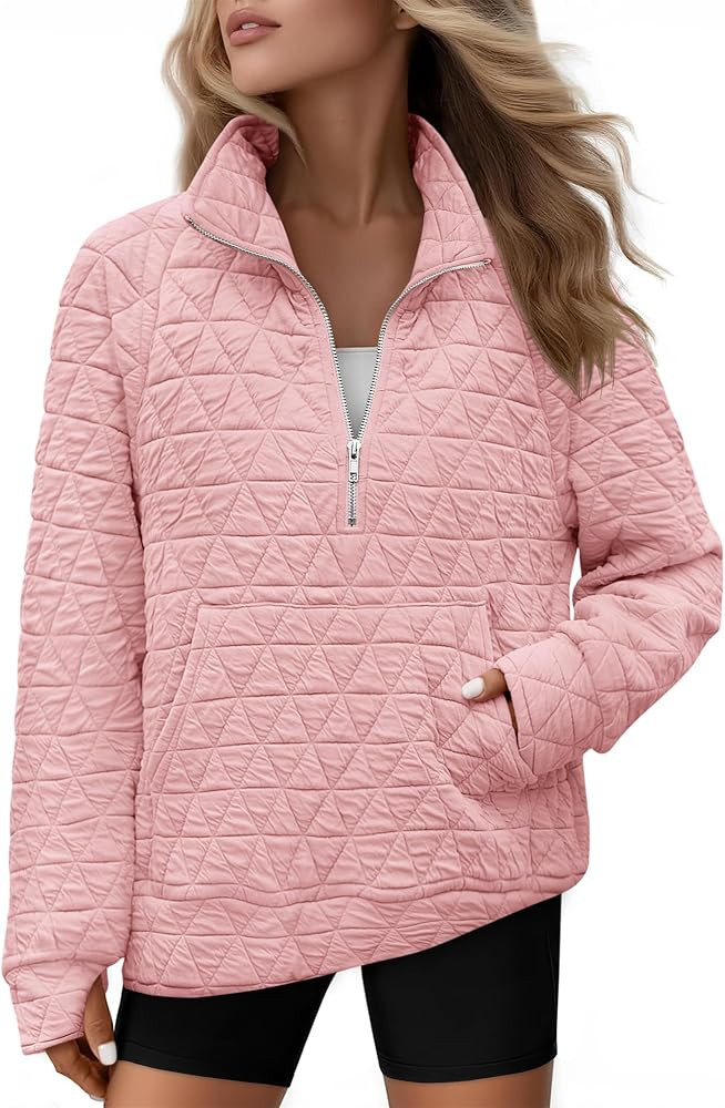 Womens Long Sleeve Quarter Zip Pullover Quilted Sweatshirt Casual Loose V Neck Collared Thumb Hol... | Amazon (US)