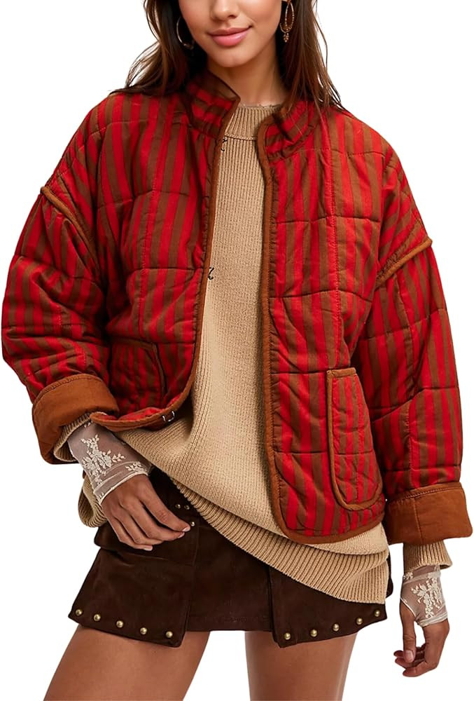 InterNos Womens Quilted Jacket Lightweight Winter Striped Stand Collar Padded Puffer Cardigan Coa... | Amazon (US)
