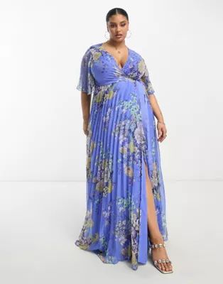 ASOS DESIGN Curve exclusive pleated maxi dress with kimono sleeve and tie waist in blue floral pr... | ASOS (Global)