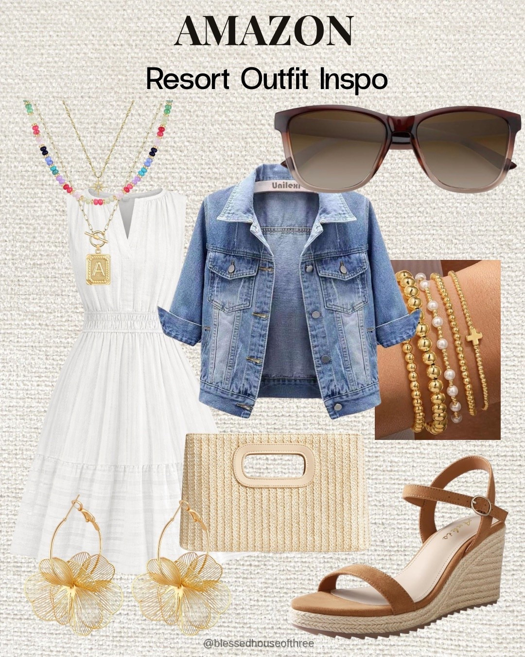 Amazon resort outfit and spring outfit inspiration featuring a white midi dress styled with a cropped spring denim jacket, neutral wedge sandals, straw clutch, oversized sunglasses, and layered gold jewelry for an elevated but affordable spring break outfit, beach vacation outfit, resort outfit 2026. This neutral spring dress is perfect for travel, beach dinners, warm weather trips, and everyday resort wear 2026 style. Vacation outfits beach  All pieces are from Amazon and easy to mix and match for a chic capsule wardrobe look.

#LTKSeasonal #LTKPetite #LTKTravel