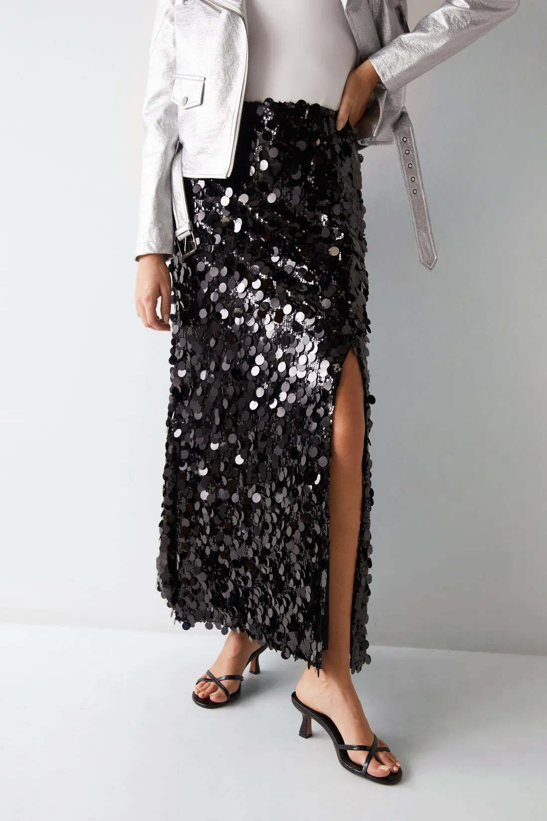 Skirts | Disc Textured Sequin Maxi Skirt | Warehouse | Warehouse UK & IE