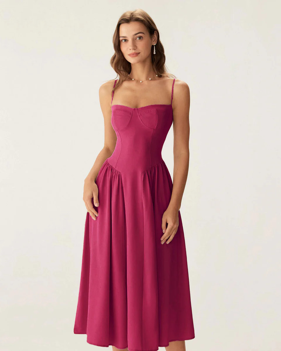 Wine Red Square Neck Pocket Slip Midi Dress | rihoas.com