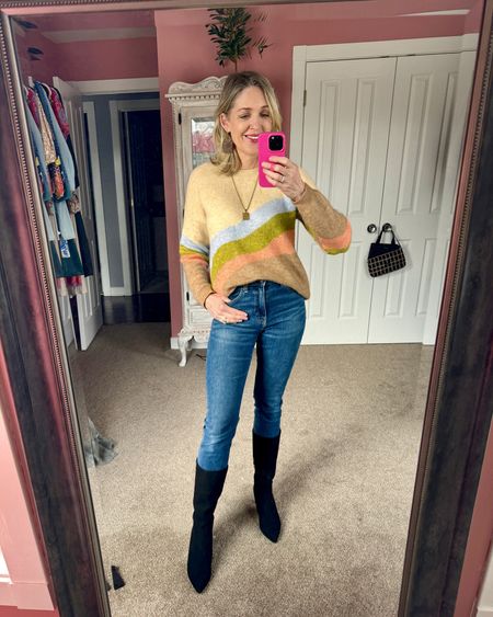 What to wear for spring transitional weather. The colors of this sweater say spring while keeping you cute and cozy. #styleinspo #springoutfit #jeans 

#LTKSeasonal #LTKstyletip #LTKover40