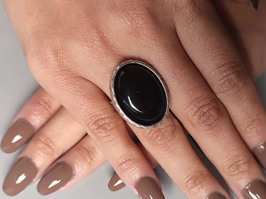 Black Onyx ring for women, adjustable black stone statement ring, black cocktail ring, dress ring... | Etsy (US)