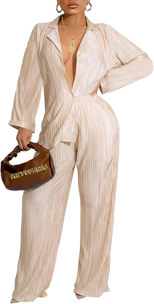 Ekaliy Women's 2 Piece Casual Pleated Outfits Short Sleeve Button Down Shirt High Waist Wide Leg ... | Amazon (US)