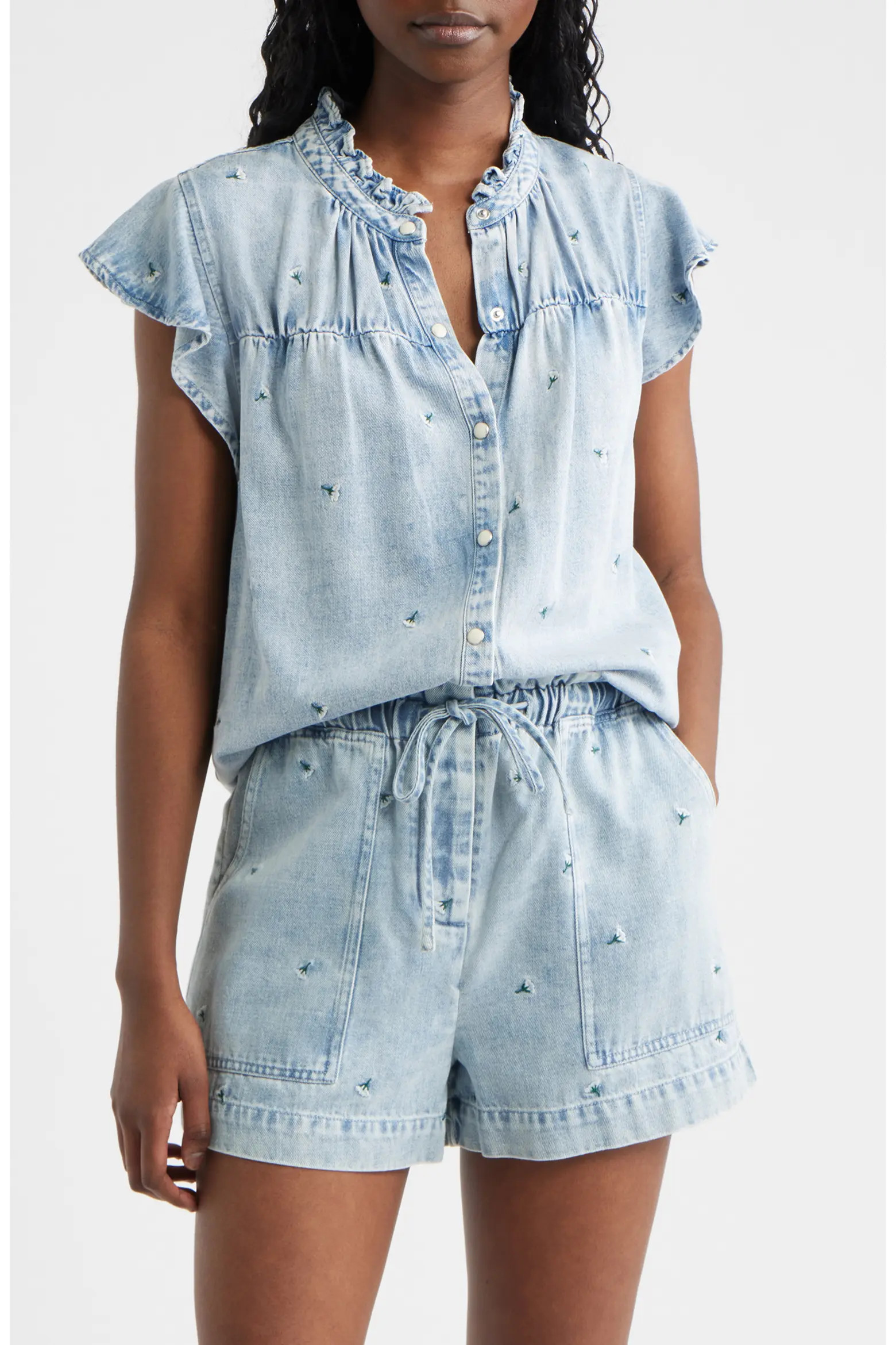 Ruthie Floral Embroidered Ruffle Cap Sleeve Button-Up Top (Women) | Nordstrom | Nordstrom