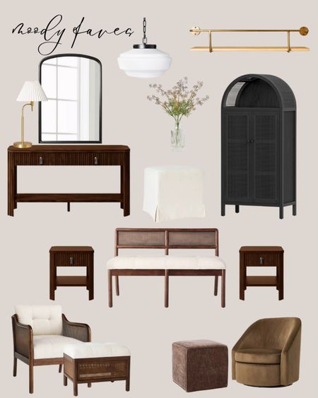 Target moody faves:
Dark wood bench. Dark wood side table. White accent chair rustic. White ottoman rustic. Dark brown puff. Brown accent chair. Black cabinet tall. Dark wood console table. Gold table lamp. Black framed mirror. Gold shelf. Black white pendant. Faux plant.

#LTKsalealert #LTKhome