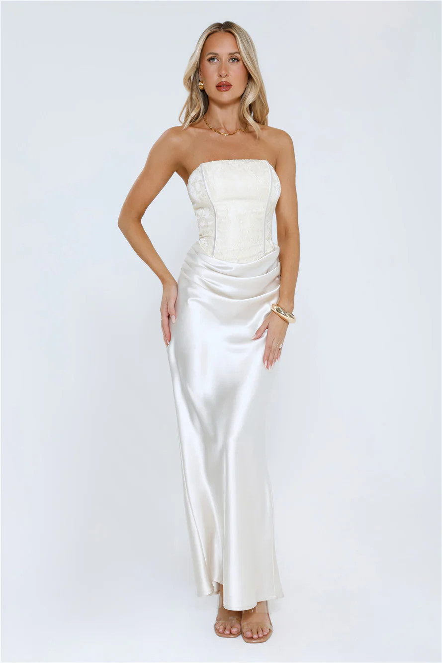 Dressed To Dazzle Strapless Satin Maxi Dress Ivory | Hello Molly (US)