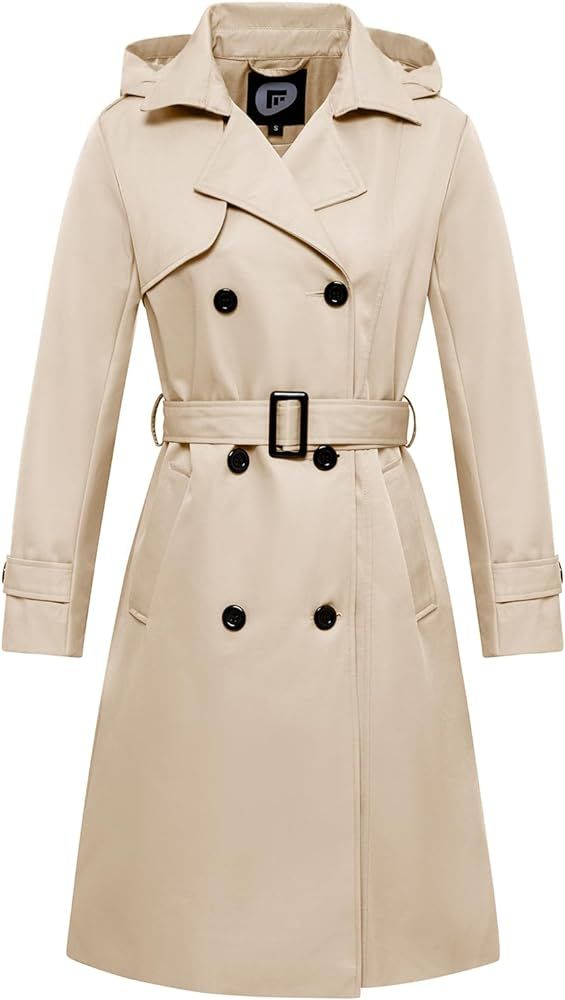 Women's Long Waterproof Trench Coat Double Breasted Classic Lapel Coat Belted Coat with Detachabl... | Amazon (US)