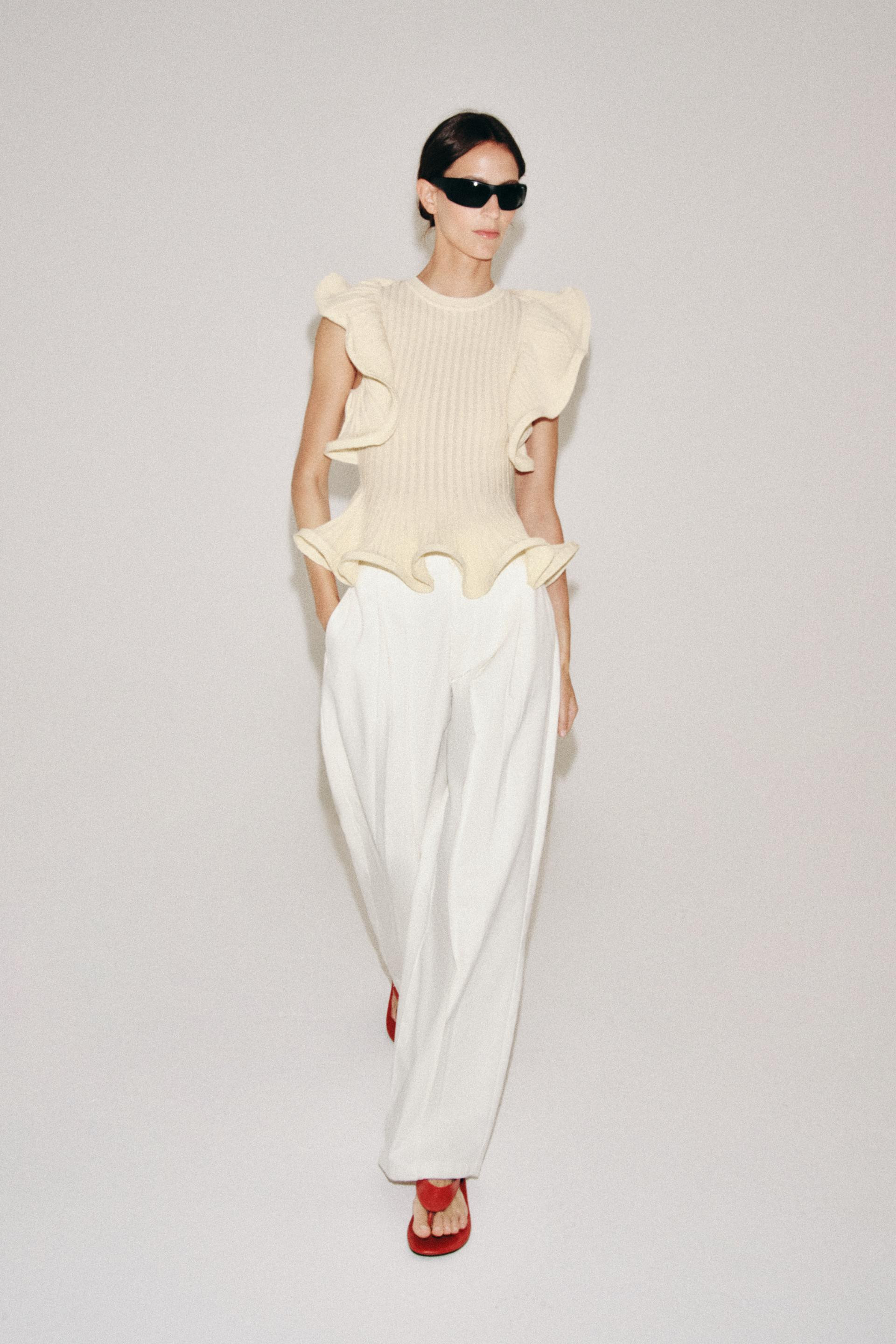Zara - Wavy Trim Knit Top - Ecru - S - Woman | Zara US