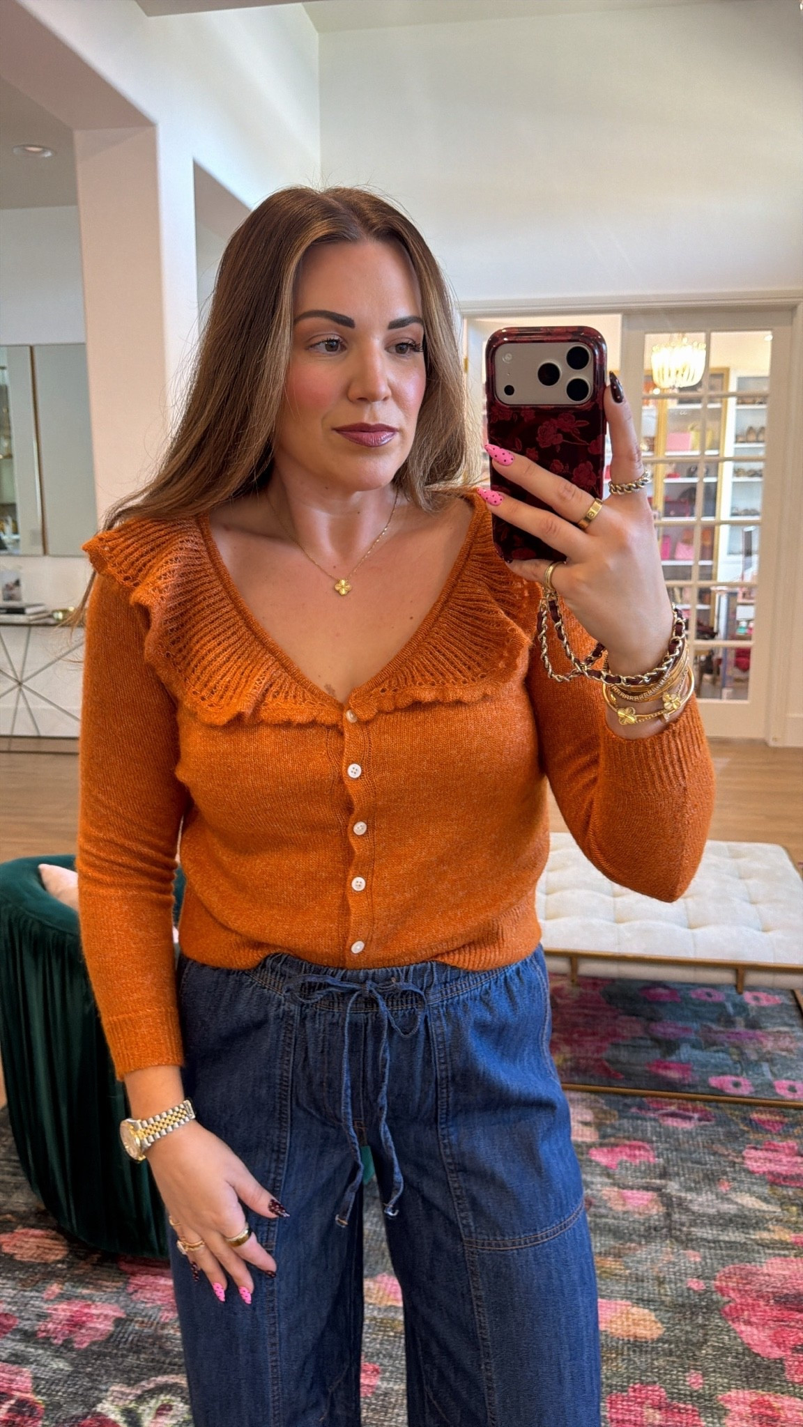 curvy midsize fall outfit! wearing size medium in spice ruffle cardigan and size medium in soft balloon denim 🍂 full outfit 40% off!

#LTKSeasonal #LTKMidsize #LTKSaleAlert