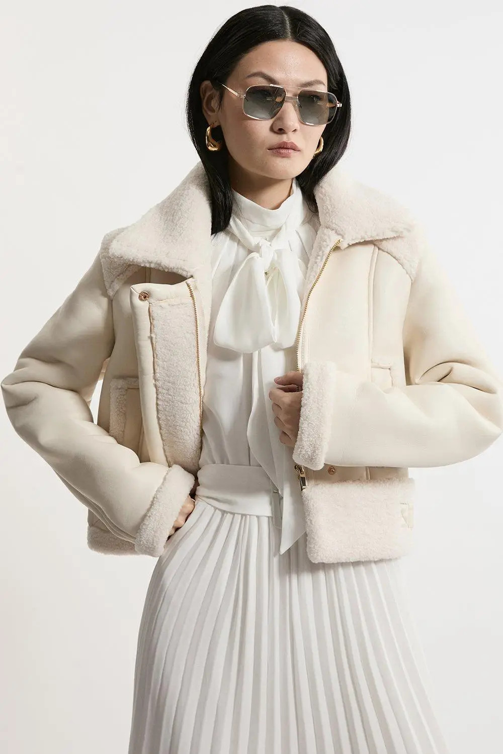 Jackets & Coats | Faux Fur Aviator Crop Jacket | KarenMillen | Karen Millen US