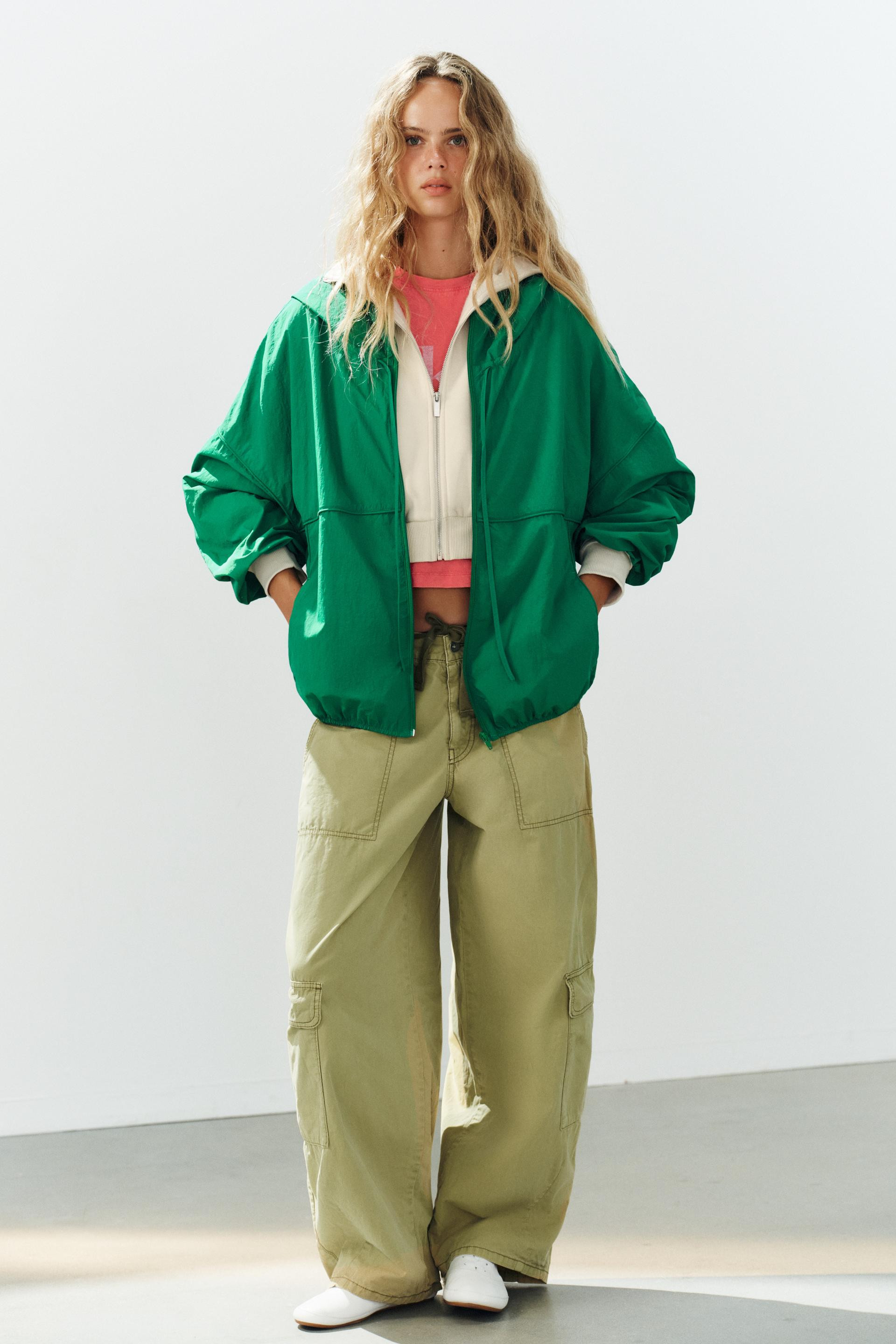 Zara - Technical Fabric Hoodie Jacket - Green - L - Woman | Zara US