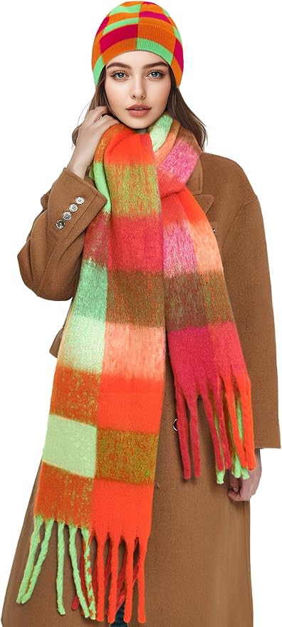 Large Chunky Plaid Scarf & Beanie Hat Set Winter Colorful Oversized Scarf Hat for Women | Amazon (US)