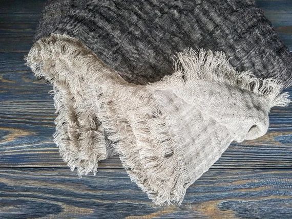 Fringed Linen Blanket Softened Linen Blanket Black Beige - Etsy | Etsy (US)