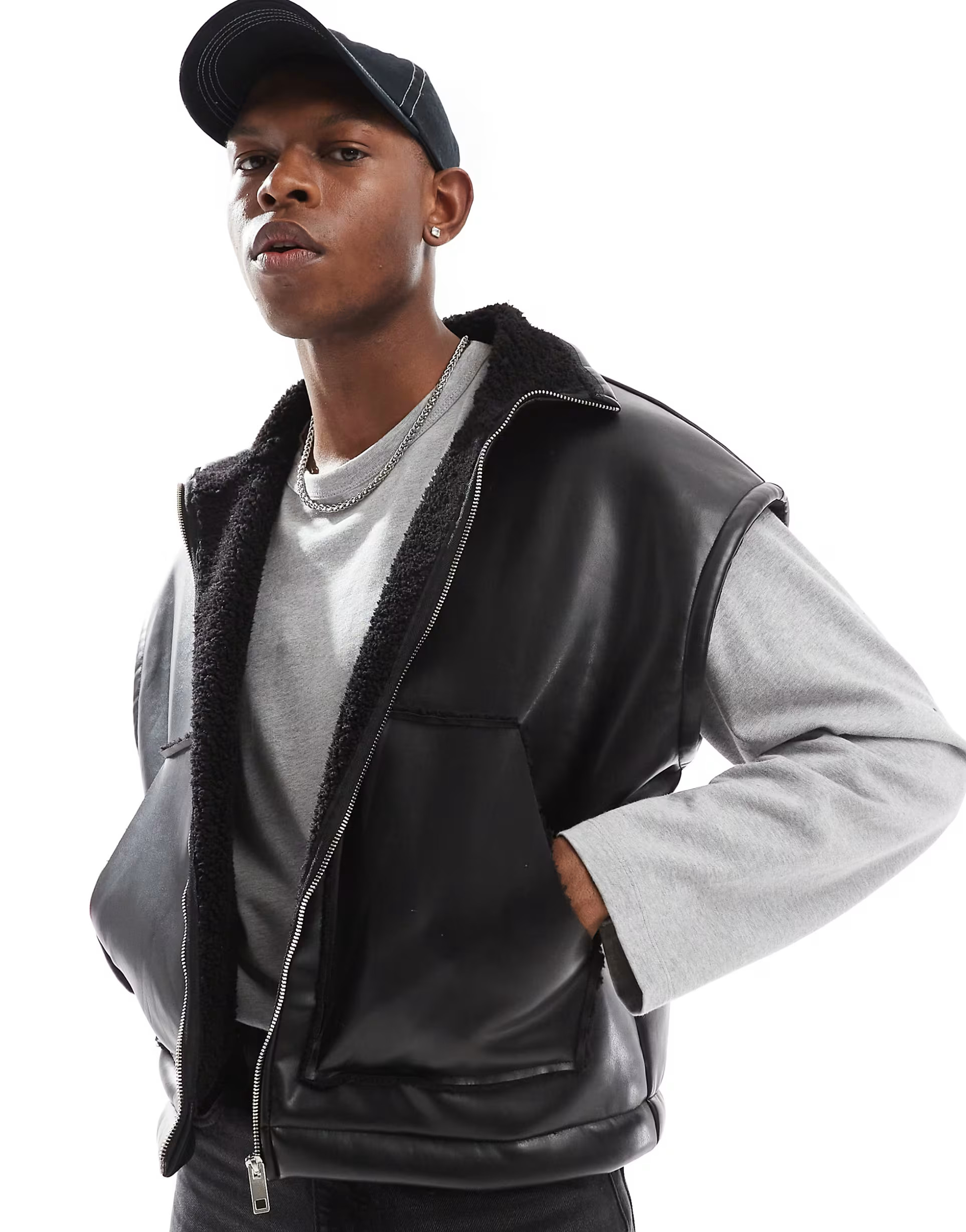 ASOS DESIGN oversized boxy faux leather borg lined gilet in black | ASOS (Global)