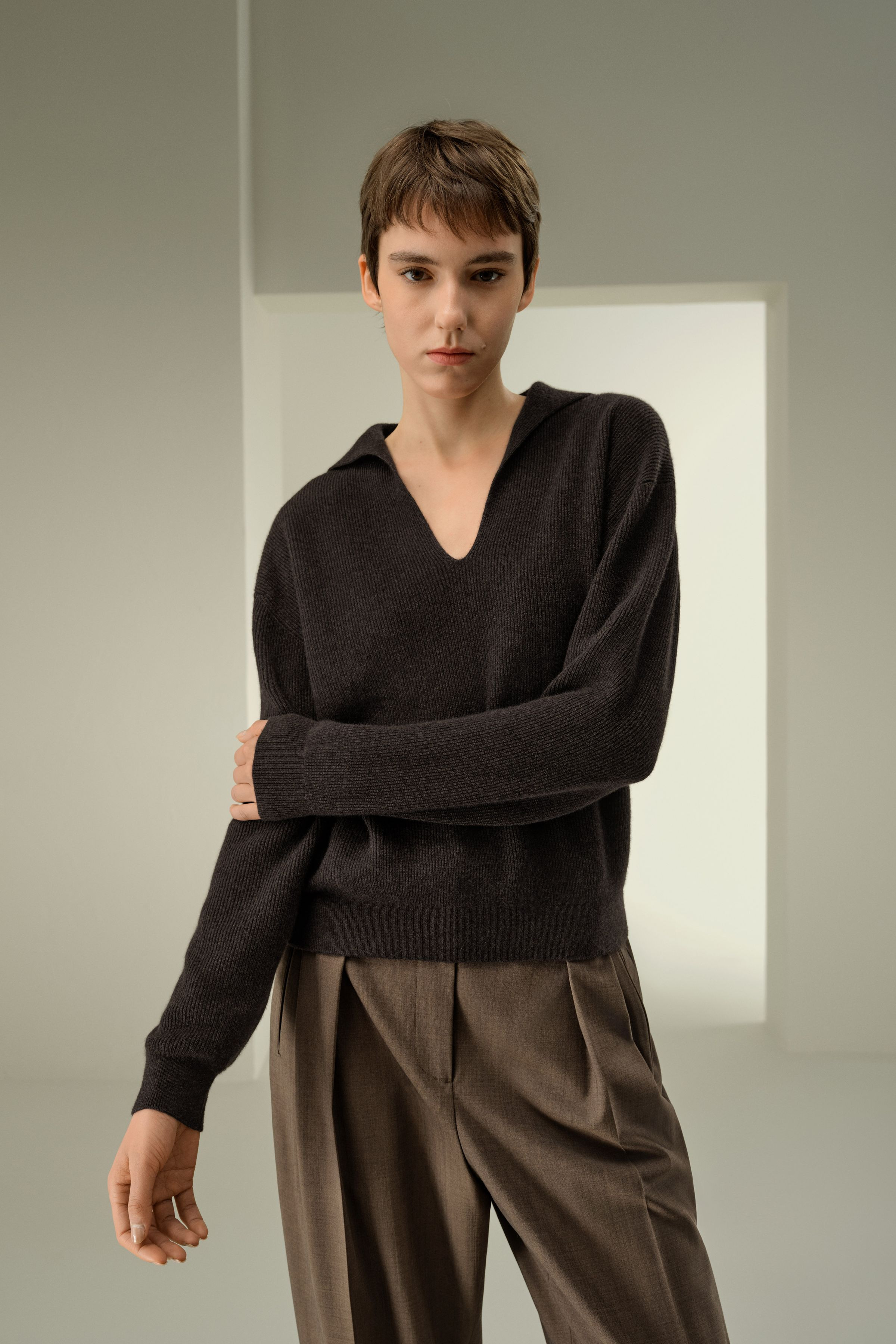 Ribbed Cashmere Polo Sweater | LILYSILK