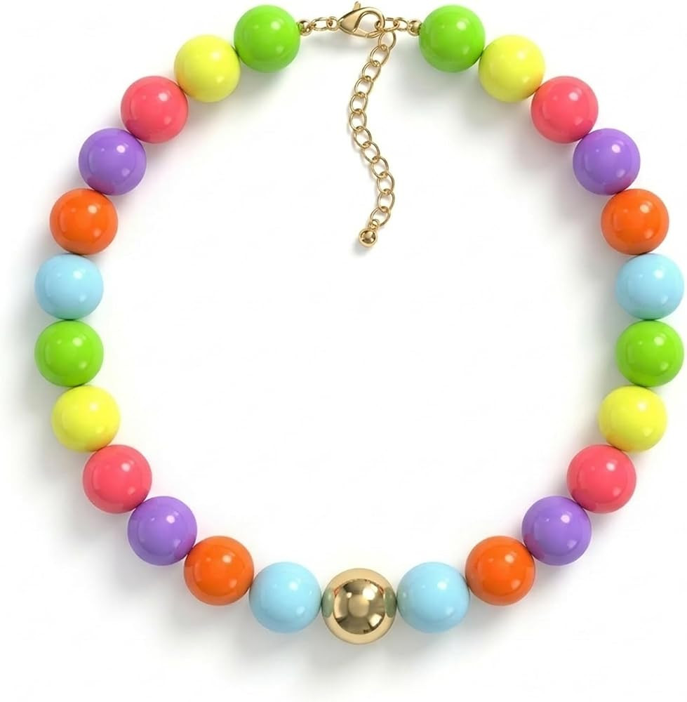 Colorful Chunky Beaded Necklace for Women, Rainbow Bubblegum Beads Statement Necklace with Gold A... | Amazon (US)