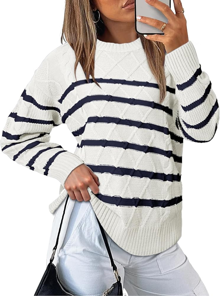 Glamaker Womens Striped Cable Knit Sweater Long Sleeve Crewneck Fall Pullover 2025 Trendy Winter ... | Amazon (US)