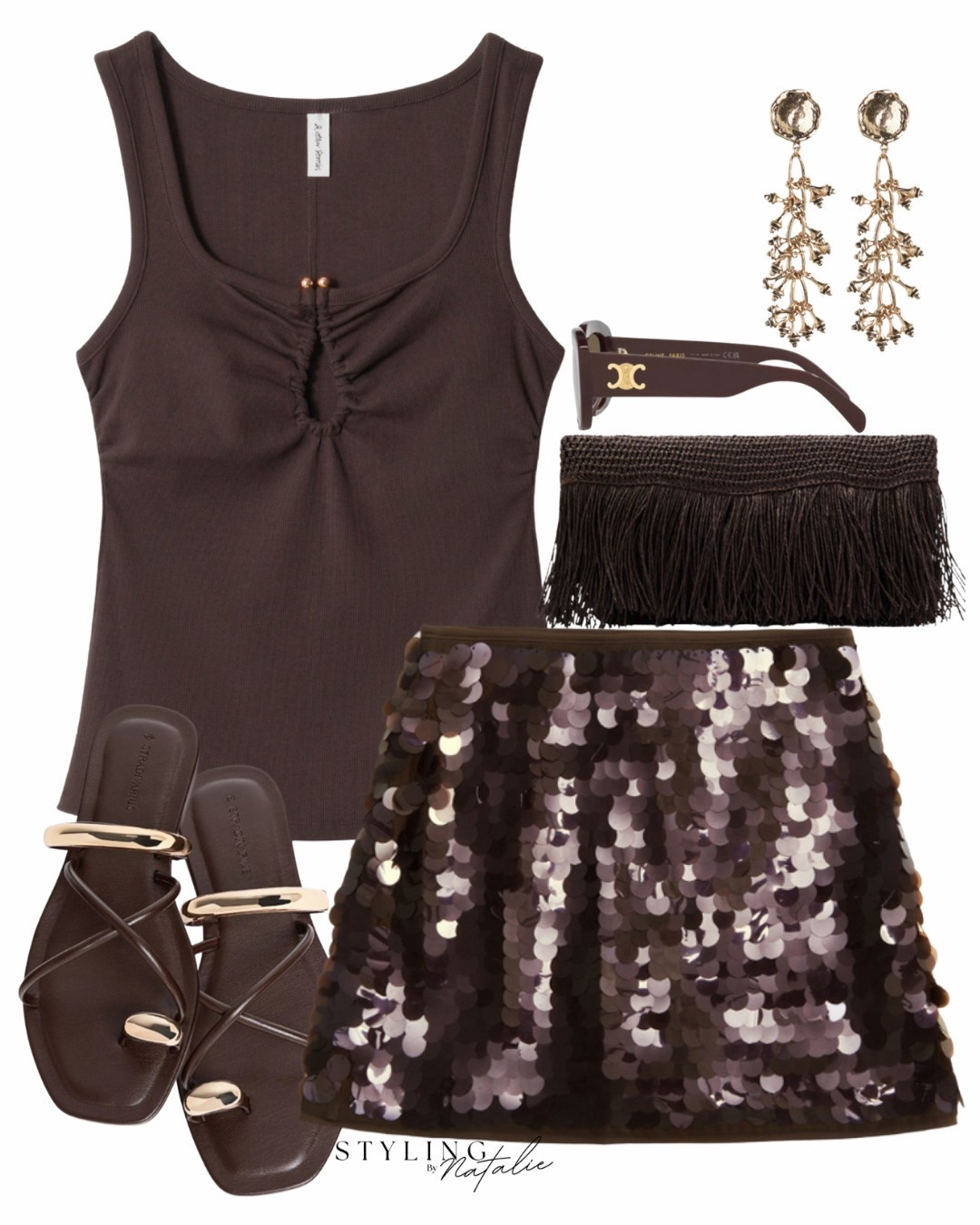 Summer sequins✨🤎
Chocolate brown sequin mini skirt, fringe raffia clutch bag, buckle detail vest top, dangle earrings, Celine sunglasses and sandals. Beach club outfit, holiday evening outfit, party look, going out outfit, cocktails outfit.

#LTKpartywear #LTKsummer #LTKuk