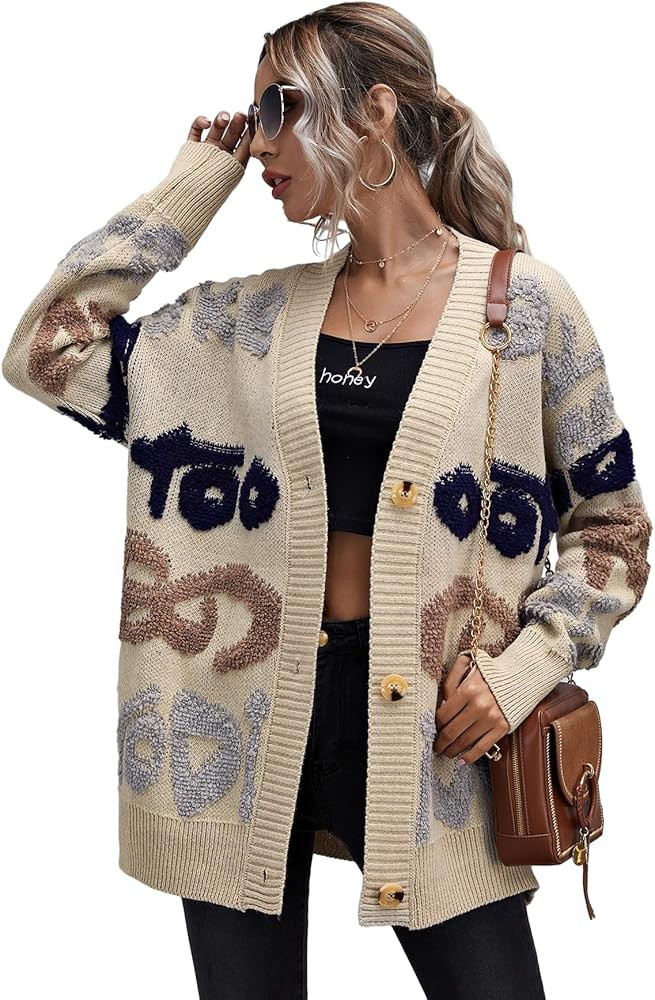 WDIRARA Women's Letter Print Button Open Front V Neck Long Sleeve Cardigan Knit Sweater | Amazon (US)