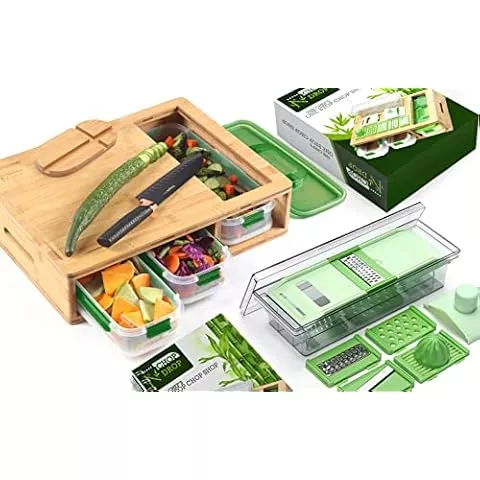 Casafield Bamboo Cutting Board Set with (4) BPA-Free Food Prep Storage  Trays and Lids