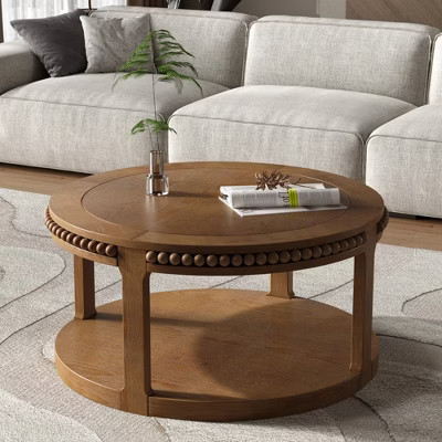 Round Coffee Table Center Table Accent Table Sofa Side Table with Storage Shelf, Walnut Brown - ModernLuxe | Target