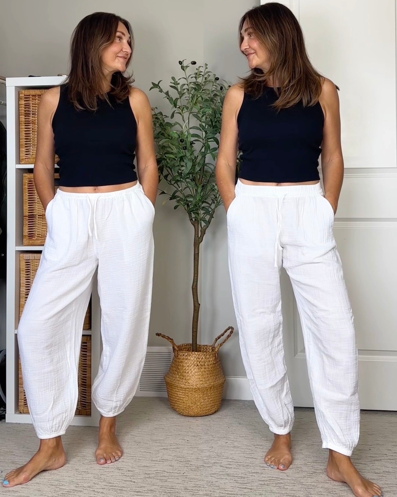 Aritzia vs Gap cotton gauze joggers! Perfect summer pants! I’m 5’ 7” wearing my usual size S in both, only the Gap ones come in tall or petite.
Both are 100% cotton and come in several colors, white is slightly sheer.
They are very similar, the Gap ones and a little longer (might shrink when washed) and have a thicker waist band.
The Gap pair are also surprisingly expensive, wait for a sale! Currently only 10% off with code PERK.
Matching shirt linked too, they also match the “crinkle gauze” style items from Old Navy, I linked a few.
My tank is from Uniqlo, I’m wearing my usual S


#LTKSwim #LTKTall #LTKSeasonal