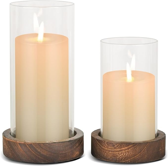 Set of 2 Hurricane Candle Holders with Wood Base & Glass Cylinder (4.2x5.9” & 4.6x7.8”) – R... | Amazon (US)
