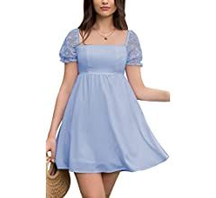 Byinns Women's Summer Mini Dress Square Neck Lace Short Puff Sleeve Dress Smocked Empire Waist A ... | Amazon (US)