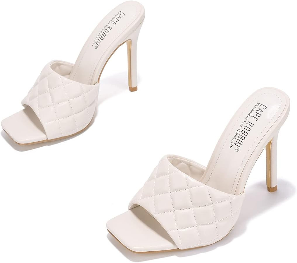Cape Robbin Stitch White Quilted Open Toe High Stiletto Heel Mule Sandals | Amazon (CA)