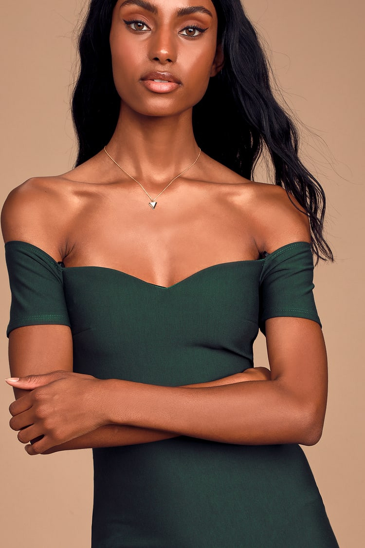 How Much I Care Dark Green Off-the-Shoulder Midi Dress | Lulus