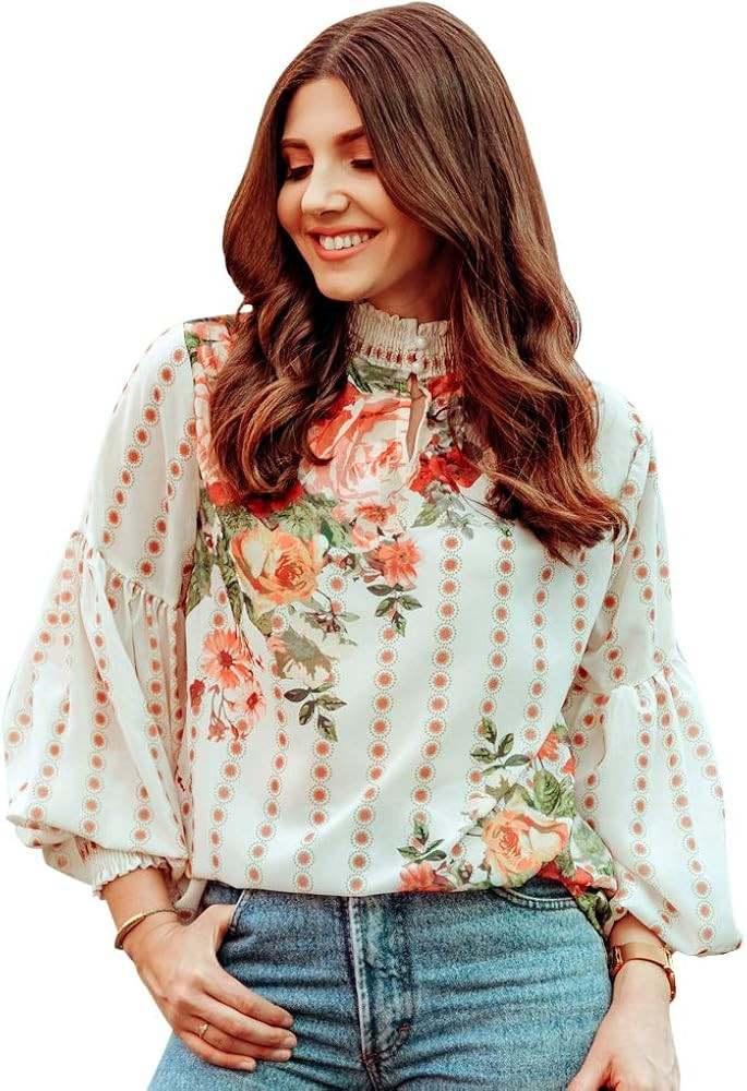 CHICWISH Women's Fancy in Gardens Rose Printed Floral Chiffon Top with Bubble Sleeve | Amazon (US)