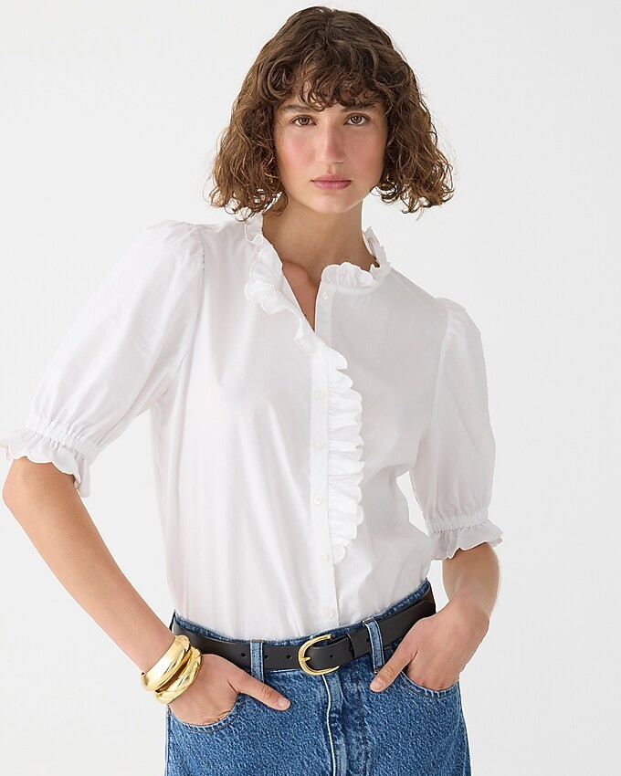 Ruffle-trim button-up shirt in cotton poplin | J. Crew US