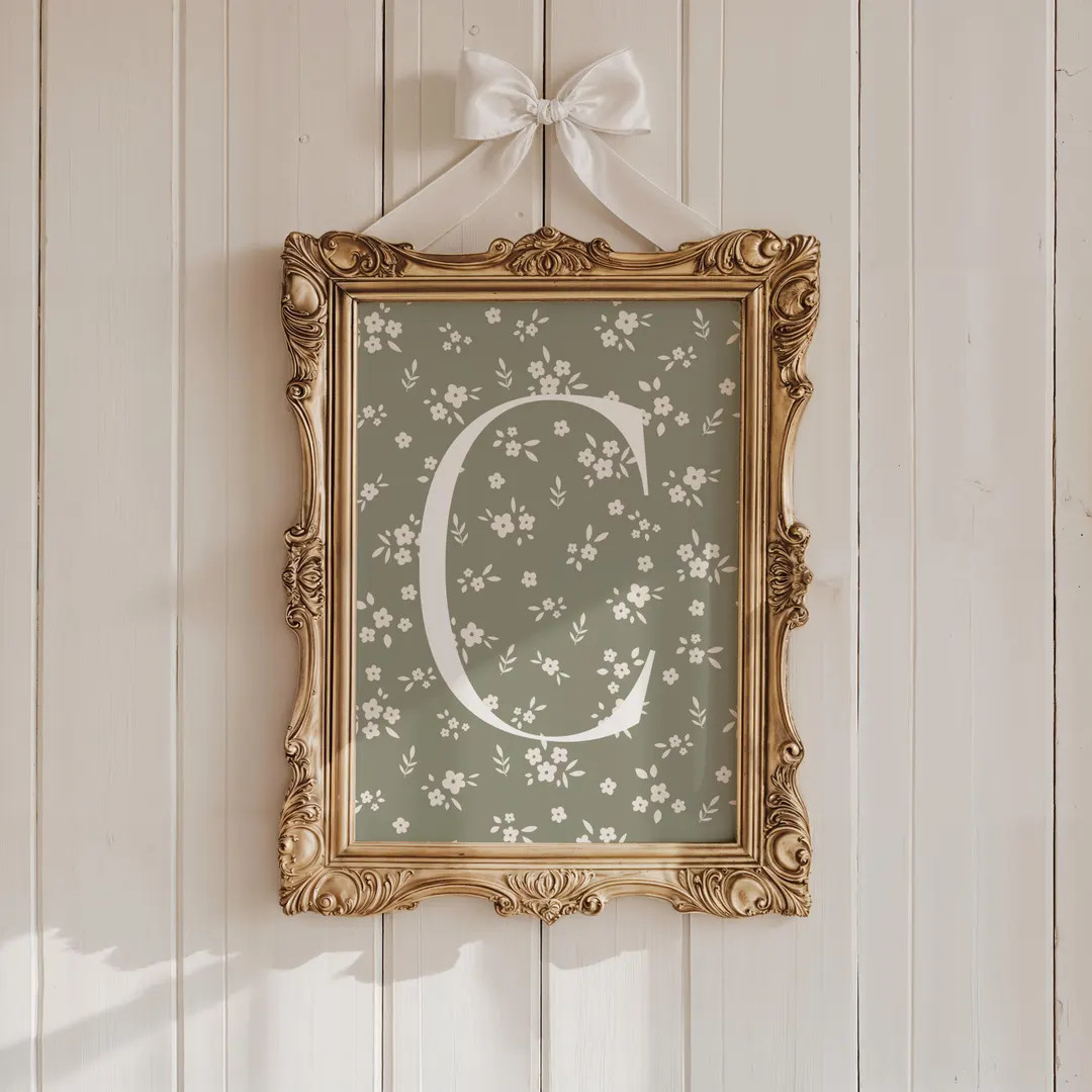 Custom Initial Boho Floral Daisies Sage Green Room Decor Personalized Initial Retro Boho Wall Bab... | Etsy (US)