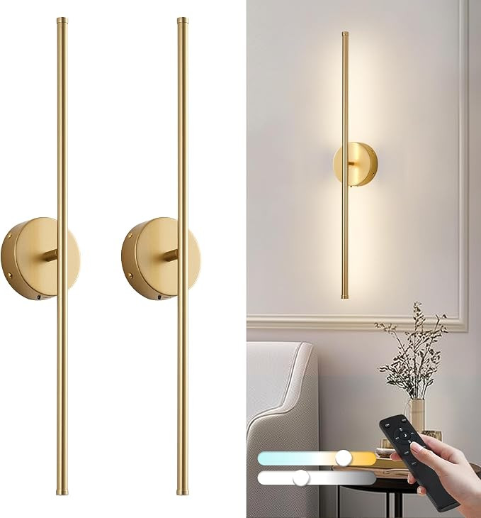 KARTOOSH Removable Battery Operated Wall Sconces Set of Two | 28.3 Inch Gold Wireless Wall Sconce... | Amazon (US)
