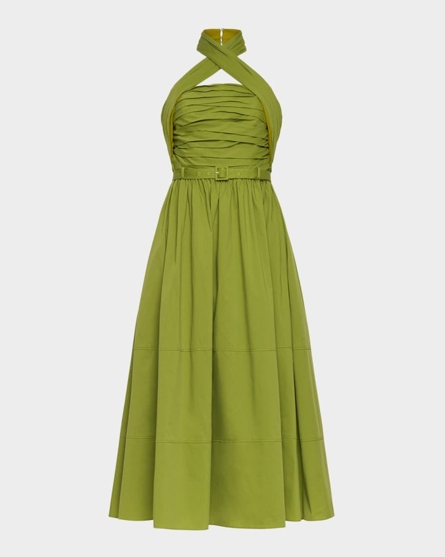 Cinq a Sept Marcie Crossover Halter Belted Midi Dress | Neiman Marcus