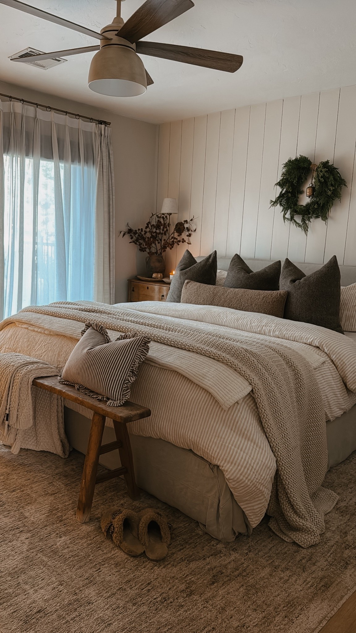 Natural linen and white pinstripe bedding to start the new year fresh! Master bedroom design. Bedroom. Bedding. Upholstered bed is from Sixpenny home  

#LTKHoliday #LTKHome #LTKSeasonal